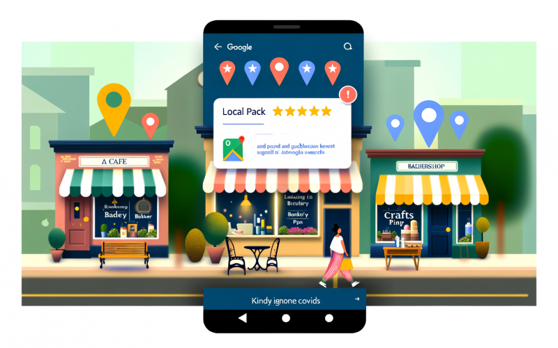 Illustration einer geschäftigen lokalen Ladenstraße mit verschiedenen Shops und einem hervorstechenden Google Maps Local Pack über den Geschäften, im Hintergrund Smartphone-Nutzer mit Google-Suchansicht.