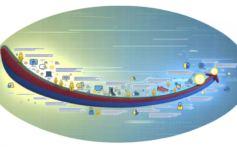Digitale Illustration einer Long-Tail-Kurve mit generischen und spezifischen Keywords, Nutzern, Conversion-Symbolen sowie einem SEO-orientierten Hintergrund in Blau- und Gelb.