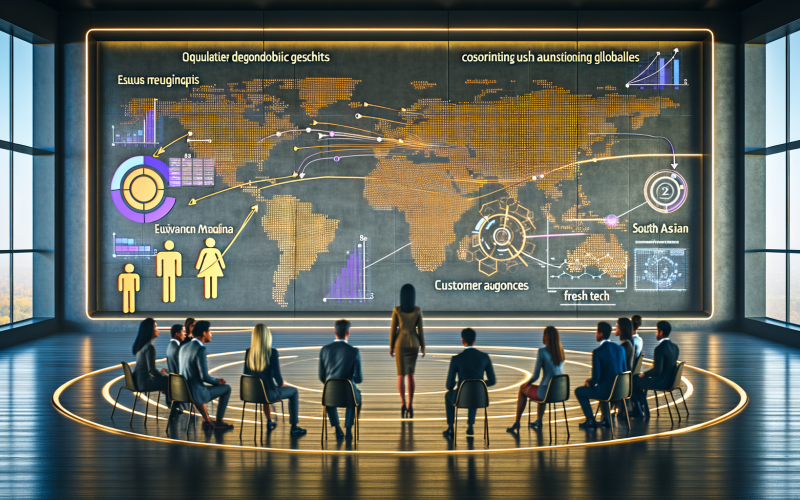 Futuristisches Büro mit Marketern, die vor einer digitalen Displaywand Datenvisualisierungen, morphende Kunden-Avatare und Zielgruppensegmente analysieren. Vernetzungen zeigen Seed-Datenpunkte mit neuen globalen Audiences.