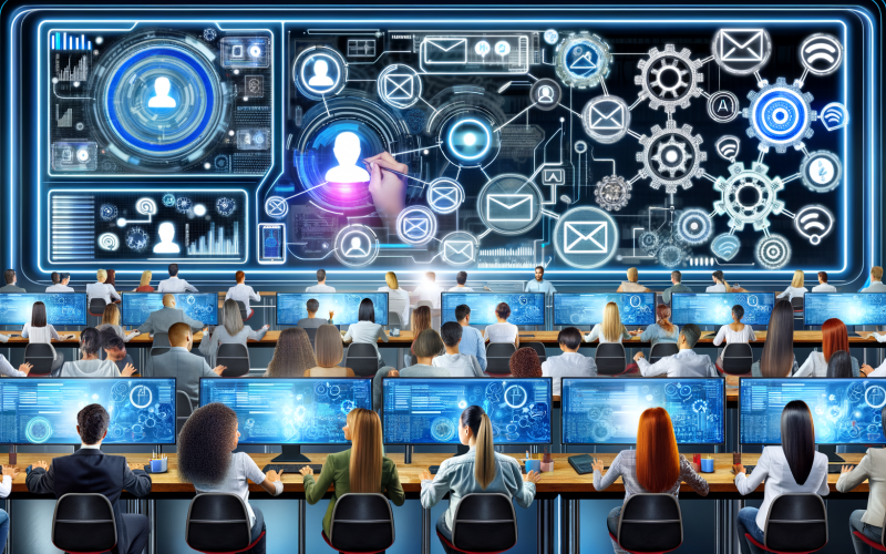 Modernes Marketing-Kontrollzentrum mit digitalen Datenbildschirmen, automatisierten Kampagnen, diversen Fachleuten und holografischen KI-Symbolen in einer technologiegetriebenen Atmosphäre.