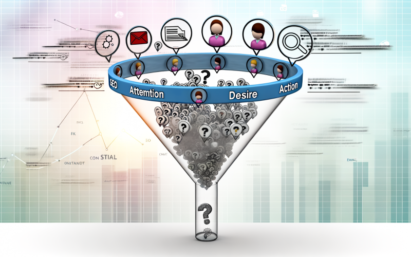 Stilisierte digitale Grafik eines transparenten Marketingfunnels, gefüllt mit Online-Marketing-Symbolen, User-Avataren in den Phasen Attention, Interest, Desire, Action und einem glücklichen Kunden am Ausgang.