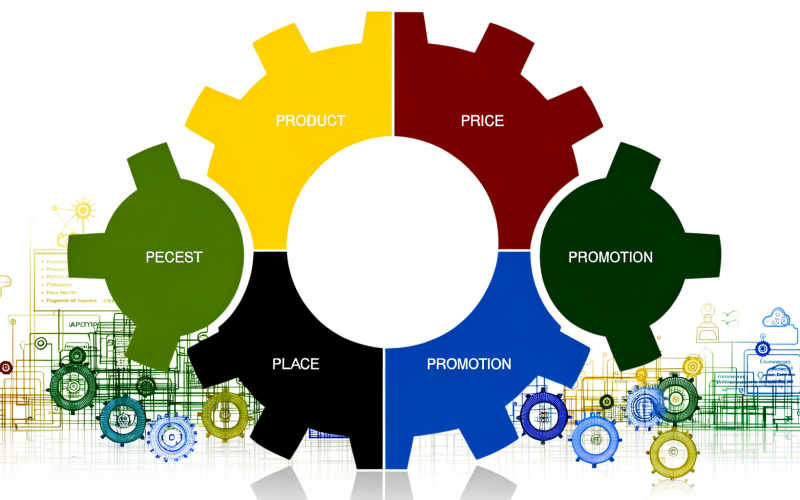 Modernes Titelbild mit großem Zahnrad in vier Farben, beschriftet mit Product, Price, Place und Promotion, ergänzt durch kleinere Zahnräder für die weiteren Marketing-Ps, im Hintergrund eine abstrakte Stadt- und Digitalumgebung.