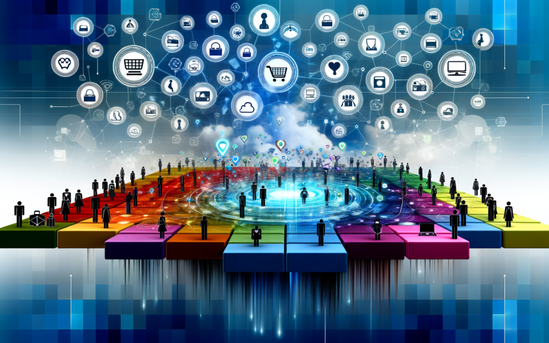 Moderne, dynamische Illustration eines digitalen Marktplatzes mit Anbietern und Käufern auf farbenfrohen, schwebenden Kacheln, umgeben von Branchen-Icons und stilisierten Plattform-Logos.