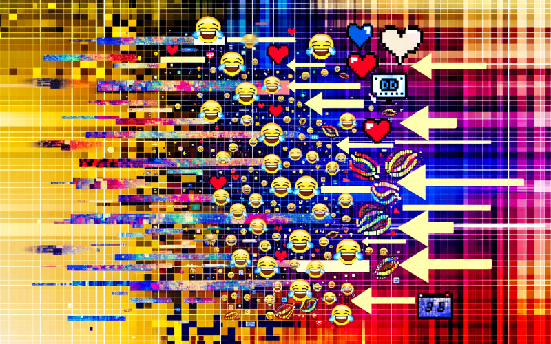 Visuelles Mosaik mit Distracted Boyfriend, Drake Hotline Bling, Social-Media-Symbolen, Lach-Emoji und digitalen Linien, die virale Internetkultur darstellen.