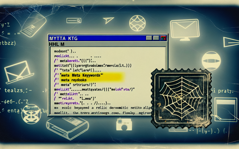 Stilisierter Monitor zeigt markierten Meta-Keywords-HTML-Code im Header, umgeben von Spinnweben und einem Relikt-Stempel, mit modernen Suchmaschinen-Symbolen im Hintergrund.