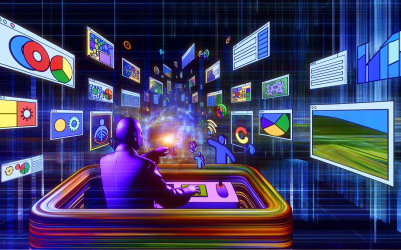 Stilisierte Illustration eines Marketers an einer futuristischen Workstation, umgeben von Suchanfragen, Analysecharts und Micro-Intent-Maps vor digitalen Datenströmen.