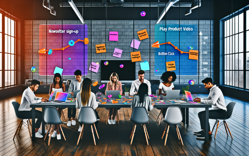 Junges Marketing-Team sitzt an einem modernen Arbeitstisch mit digitalen Geräten und analysiert farbige Dashboards, Notizen und Keywords auf Glas-Boards im Büro.