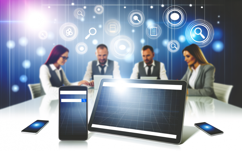 Webdesigner-Team arbeitet an einem Touchscreen mit responsivem Website-Design, Smartphones und Tablets im Vordergrund sowie Google-Logo und SEO-Symbolen im Hintergrund