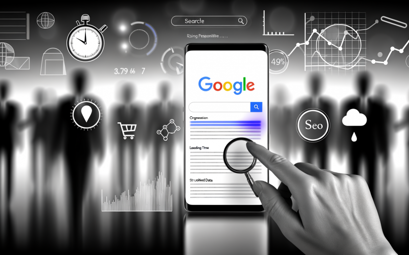 Minimalistische Illustration eines Smartphones mit responsiver Website und typischen SEO-Elementen wie Google-Suchergebnis, Meta-Beschreibung, Rich Snippet, Ladezeit-Indikator, FAQ-Boxen und großen Touch-Buttons, vor einem Hintergrund mit Charts und Smartphone-Nutzern.