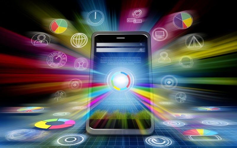 Futuristisches Smartphone mit schneller, responsiver Website und digitalen Icons für Geschwindigkeit, SEO und UX, während alte Desktops im Hintergrund verblassen.