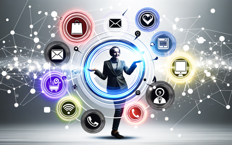 Illustration einer modernen Geschäftsperson, die verschiedene Kommunikationskanäle jongliert, umgeben von Icons für Online-Shop, Ladengeschäft, Social Media, E-Mail, Amazon-Paket, Telefon und Mobile App, verbunden durch leuchtende Linien und modernen Hintergrund.