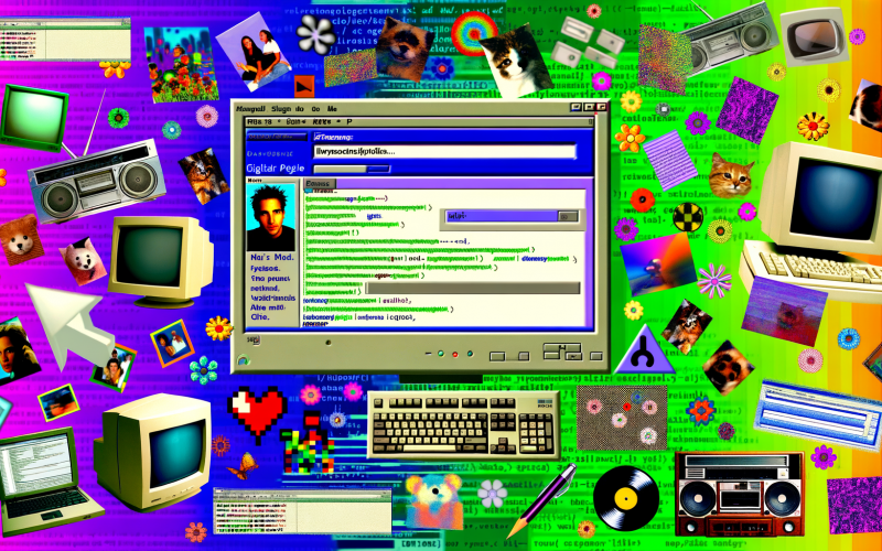 Nostalgisch gestaltete digitale Collage eines MySpace-Profils von 2005 mit personalisierten Farben, blinkenden GIFs, Musikplayer und Symbolen aus der Internet- und Musikära