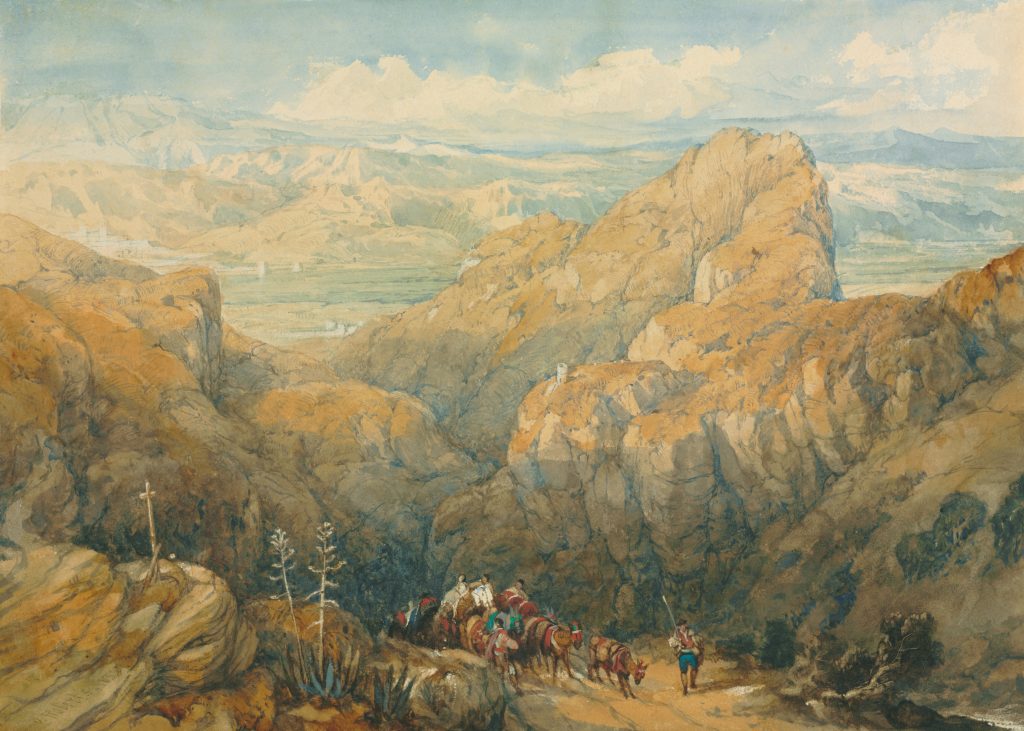 ein-gemalde-einer-bergszene-mit-einer-pferdekutsche-qurZ0Eg0qEw