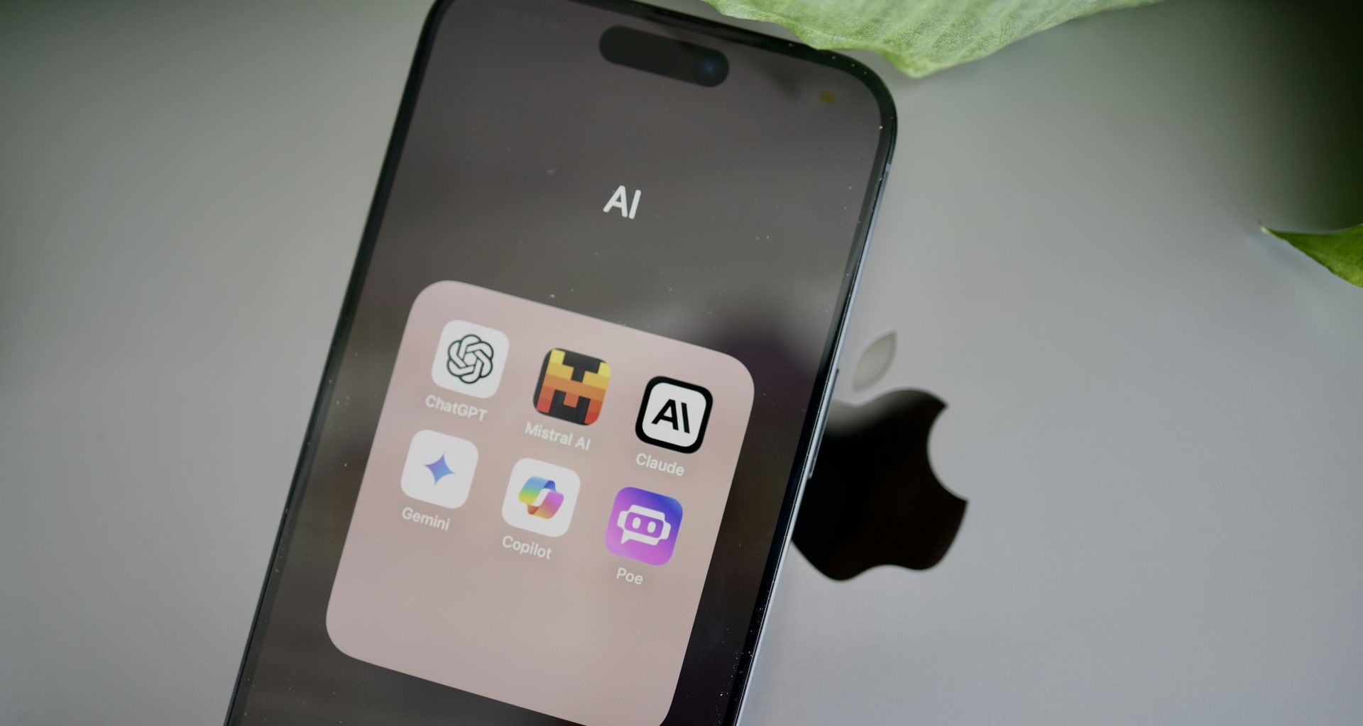 ein-iphone-das-auf-einem-tisch-neben-einem-blatt-sitzt-5uNgZE6KfZo