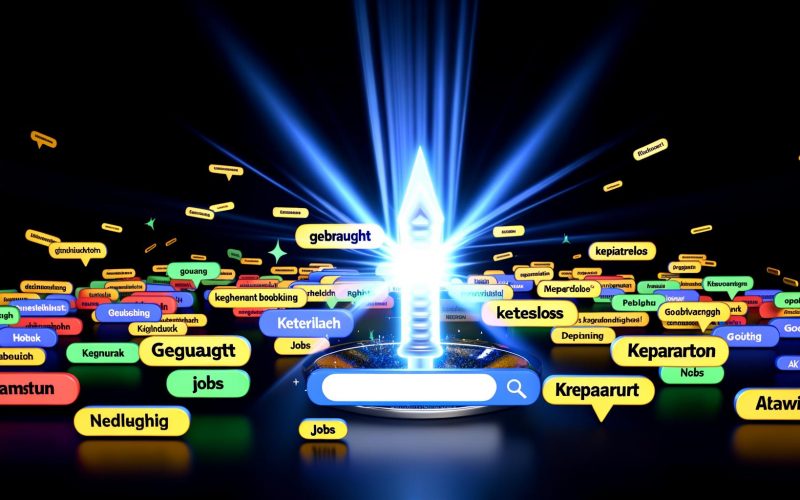 Visualisierung von negativen Keywords als leuchtendes Schwert, das chaotisch fallende Suchanfragen mit Begriffen wie 'gebraucht', 'kostenlos', 'Reparatur' und 'Jobs' in Google Ads blockiert, während ein Budget-Meter im Hintergrund durch ein digitales Schild geschützt wird.