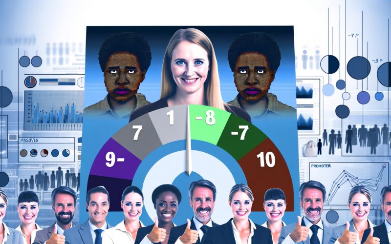 Collage zeigt dreigeteilte Menschengruppen auf NPS-Skala von –100 bis +100 mit Kritiker, Passive und Promotoren sowie dynamischen Business-Icons im Hintergrund.