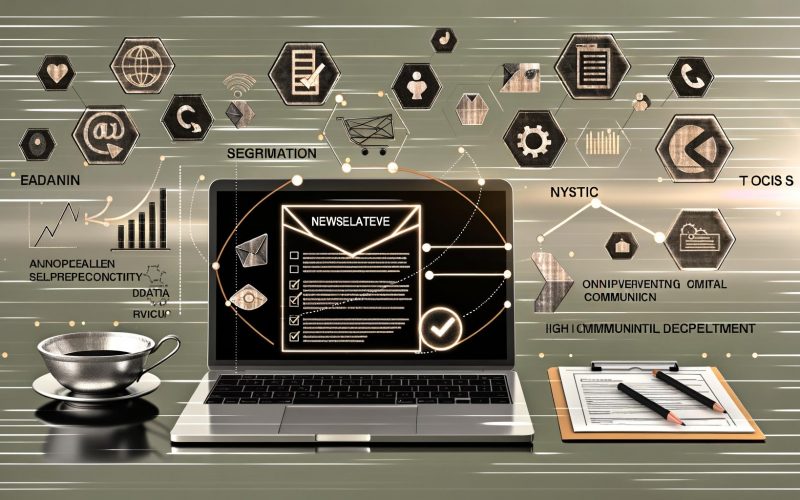 Illustration eines digitalen Arbeitsplatzes mit Newsletter auf dem Laptop, Analytics-Diagrammen, Icons für Segmentierung, Automatisierung, Analysen, DSGVO-Checklisten und Newsletter-Tools wie Mailchimp und HubSpot. Im Hintergrund abstrakte Linien, die direkte Kommunikation und starken ROI symbolisieren.