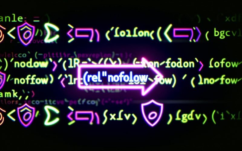 Bunte digitale Illustration von HTML-Code für einen Nofollow-Link mit deutlich markiertem rel="nofollow", auf dunklem Editorhintergrund, unscharfe Suchmaschinen-Logos und schützendes Schild-Symbol im Bild.