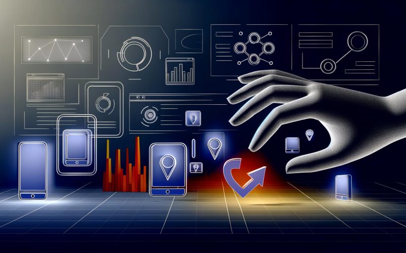 Minimalistische Grafik einer großen, unsichtbaren Hand, die digitale Elemente sanft steuert, mit stilisierten Datenströmen, Heatmaps und Analytics-Diagrammen im Hintergrund.