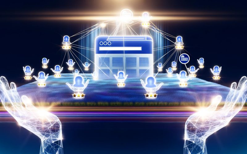 Visualisierung der OffPage-Optimierung: Moderne Website wird von leuchtenden Händen über Suchergebnissen gehalten, umgeben von Verbindungen zu Autoritätsseiten und Social Media, mit orbitierenden Elementen wie Bewertungen und Logos.