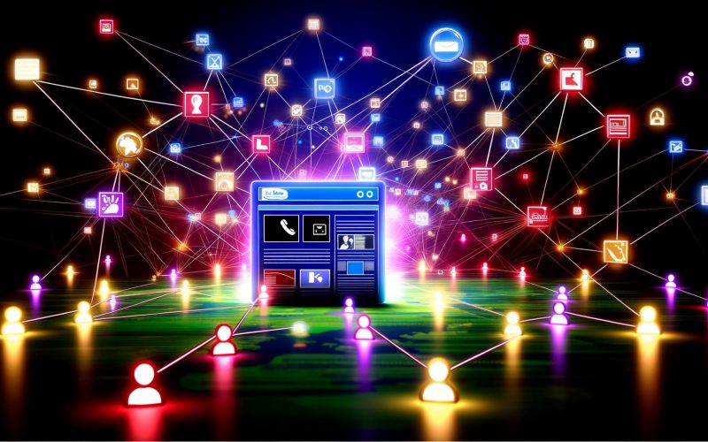 Dynamische Illustration einer zentralen modernen Website mit leuchtenden Backlinks, Medien-Logos und stilisierten Verbindungen im Netzwerk-Stil.