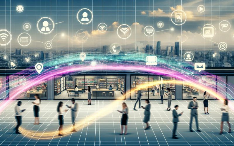 Futuristisches urbanes Büro mit diversen Fachkräften, die digitale Geräte nutzen, während Datenflüsse Omnichannel-Integration zwischen physischen und digitalen Kanälen darstellen.