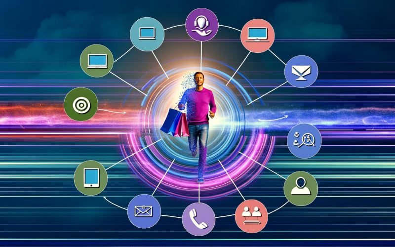 Moderne Illustration einer omnichannel Marketingreise mit Shopper, vernetzten digitalen und physischen Touchpoints sowie CRM- und Analytik-Symbolen.