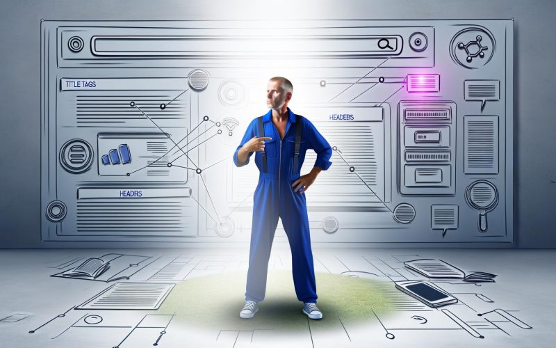 Moderne Werkstatt-Illustration im digitalen Zeitalter mit Handwerker vor Computer-Oberfläche, Website-Elementen, Code, Diagrammen und Suchmaschinensymbolen im Hintergrund.