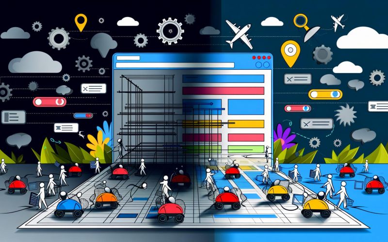 Illustration einer modernen, farbigen Website als Ökosystem mit technischen Wireframes, Suchmaschinen-Crawlern, Content-Icons und Nutzern vor einer vernachlässigten Alt-Seite.