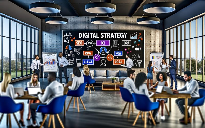 Team in modernem Büro diskutiert Marketingkonzepte vor großem digitalen Whiteboard mit Diagrammen, Kanälen und Leistungskennzahlen