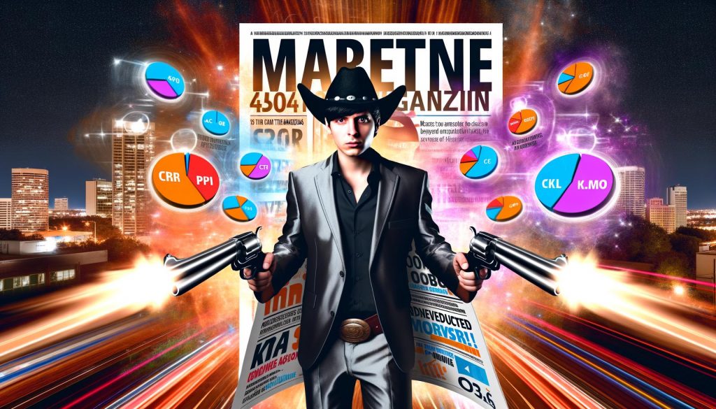 Junger Marketer im Cowboy-Look hält Werbeplakate, umgeben von digitalen KPI-Symbolen und Datenströmen vor einer farbenfrohen Großstadtkulisse.