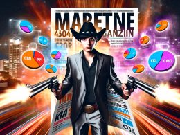 Junger Marketer im Cowboy-Look hält Werbeplakate, umgeben von digitalen KPI-Symbolen und Datenströmen vor einer farbenfrohen Großstadtkulisse.