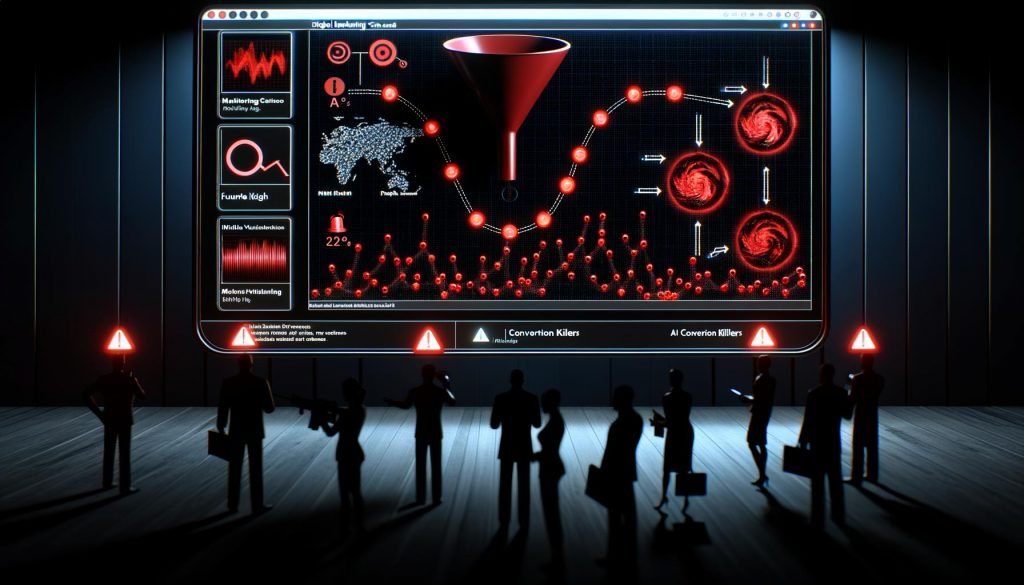 Digitales Marketing-Tatort: Computerbildschirm mit Funnelgrafik, roten Drop-Off-Punkten, neuronalen Netzwerken, Datenströmen und angespannten Analysten vor Monitoring-Dashboards im dunklen Raum.