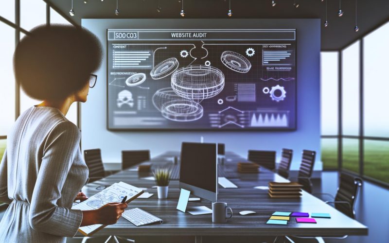 Digital Marketer analysiert SEO-Audit-Dashboard auf großem Monitor mit technischen Website-Elementen, Content-Struktur, SEO-Notizen und Kaffebecher in moderner Arbeitsumgebung