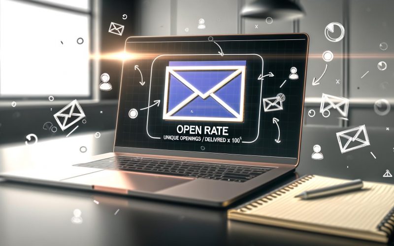 Laptop auf modernem Schreibtisch mit großem E-Mail-Newsletter-Fenster, Open Rate Formel auf Notizblättern sowie schwebenden Icons für Tracking, Datenschutz und Analyse im Kontext des E-Mail-Marketings