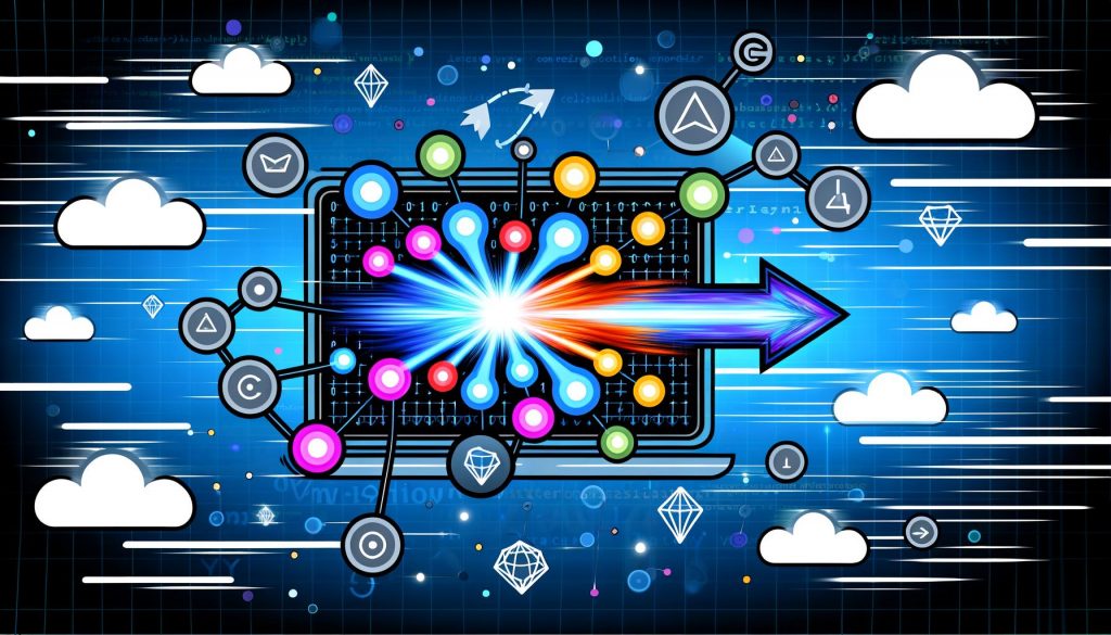 Modernes Dashboard mit leuchtenden Triggerpunkten als Knoten eines neuronalen Netzwerks, abstraktem Conversion-Diagramm, dynamischen Pfeilen und Code- sowie API-Elementen im Hintergrund, in blauer und Neon-Orange-Farbpalette.