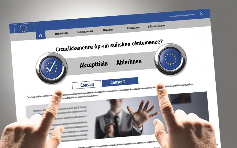 Illustration eines modernen Webseiten-Interfaces mit Opt-in Consent-Banner, zwei Buttons für Akzeptieren und Ablehnen, Link zur Datenschutzrichtlinie und EU-Symbolik im Hintergrund, während eine Hand eine Auswahl trifft.