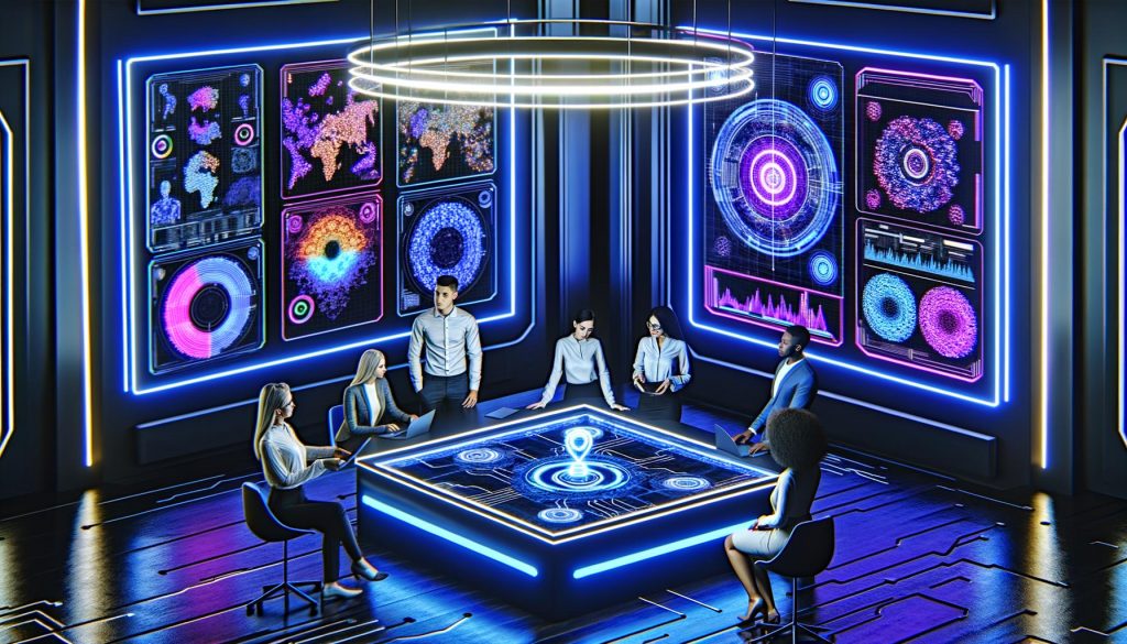 Futuristischer Kontrollraum mit schwebenden Screens, Datenvisualisierungen und diversen Fachleuten am zentralen digitalen Tisch