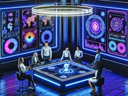 Futuristischer Kontrollraum mit schwebenden Screens, Datenvisualisierungen und diversen Fachleuten am zentralen digitalen Tisch