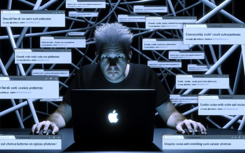 Illustration einer Person am Schreibtisch, umgeben von komplexen Code-Seilen und überlappenden Browserfenstern mit schwer auffindbarem „Abmelden“-Link zwischen auffälligen „Akzeptieren“-Buttons, im Hintergrund Schattenlabyrinthe als Metapher für Dark Patterns.