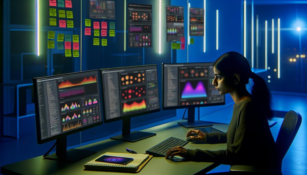 Analystin analysiert an mehreren Monitoren Daten mit Heatmaps und Charts in einem modernen, technisch ausgestatteten Büro, Post-its mit Analytics-Begriffen im Hintergrund.