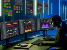 Analystin analysiert an mehreren Monitoren Daten mit Heatmaps und Charts in einem modernen, technisch ausgestatteten Büro, Post-its mit Analytics-Begriffen im Hintergrund.