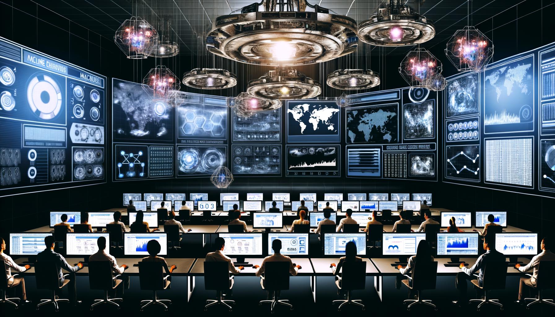 Diverse Online-Marketer studieren Conversion-Dashboards in einem futuristischen, dunkel beleuchteten Raum mit großen Bildschirmen, holografischen Roboterarmen und KI-Visualisierungen.