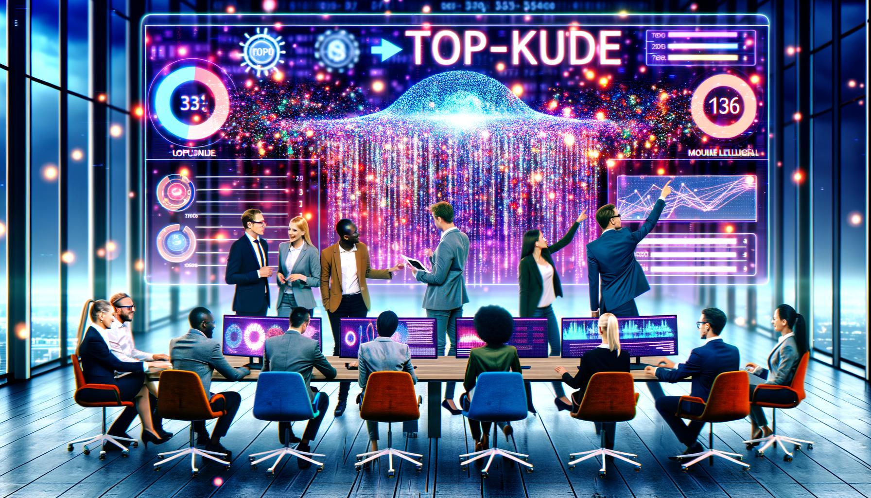 Vertriebsteam diskutiert vor einem digitalen Dashboard mit farbigen Grafiken und KI-basierten Lead Scores in einem futuristischen Büro mit leuchtenden neuronalen Netzwerk-Mustern.