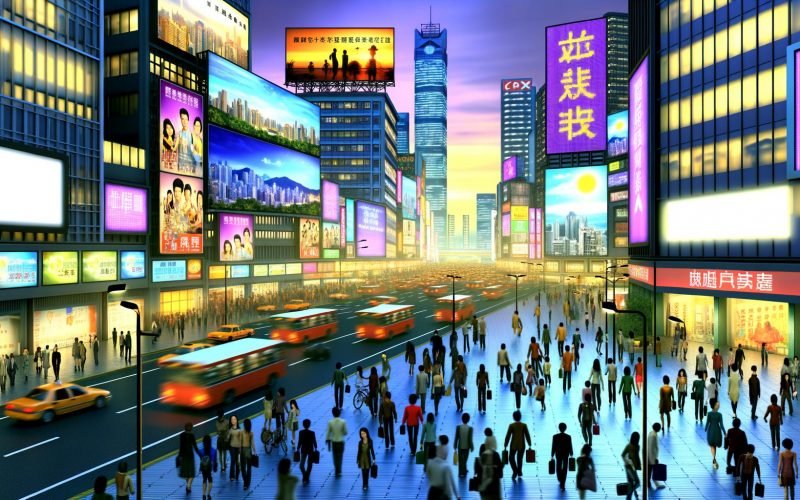 Stadtbild bei Sonnenuntergang mit analogen Plakatwänden, digitalen Bildschirmen, Fußgängern, Radfahrern und Verkehr; vielfältige Außenwerbung in energiegeladener Großstadt.