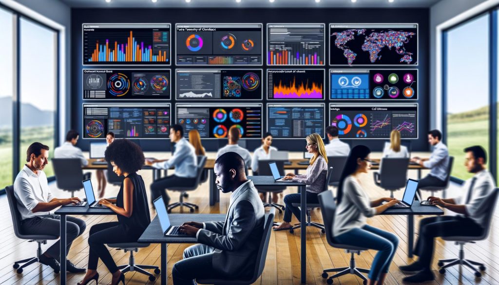 Digitales Büro mit mehreren Bildschirmen, die farbige Datenströme und Echtzeit-Marketinganalysen verschiedener Kanäle zeigen. Fachkräfte arbeiten fokussiert an Laptops in einem geschäftigen, modernen Umfeld.