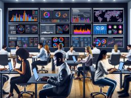 Digitales Büro mit mehreren Bildschirmen, die farbige Datenströme und Echtzeit-Marketinganalysen verschiedener Kanäle zeigen. Fachkräfte arbeiten fokussiert an Laptops in einem geschäftigen, modernen Umfeld.