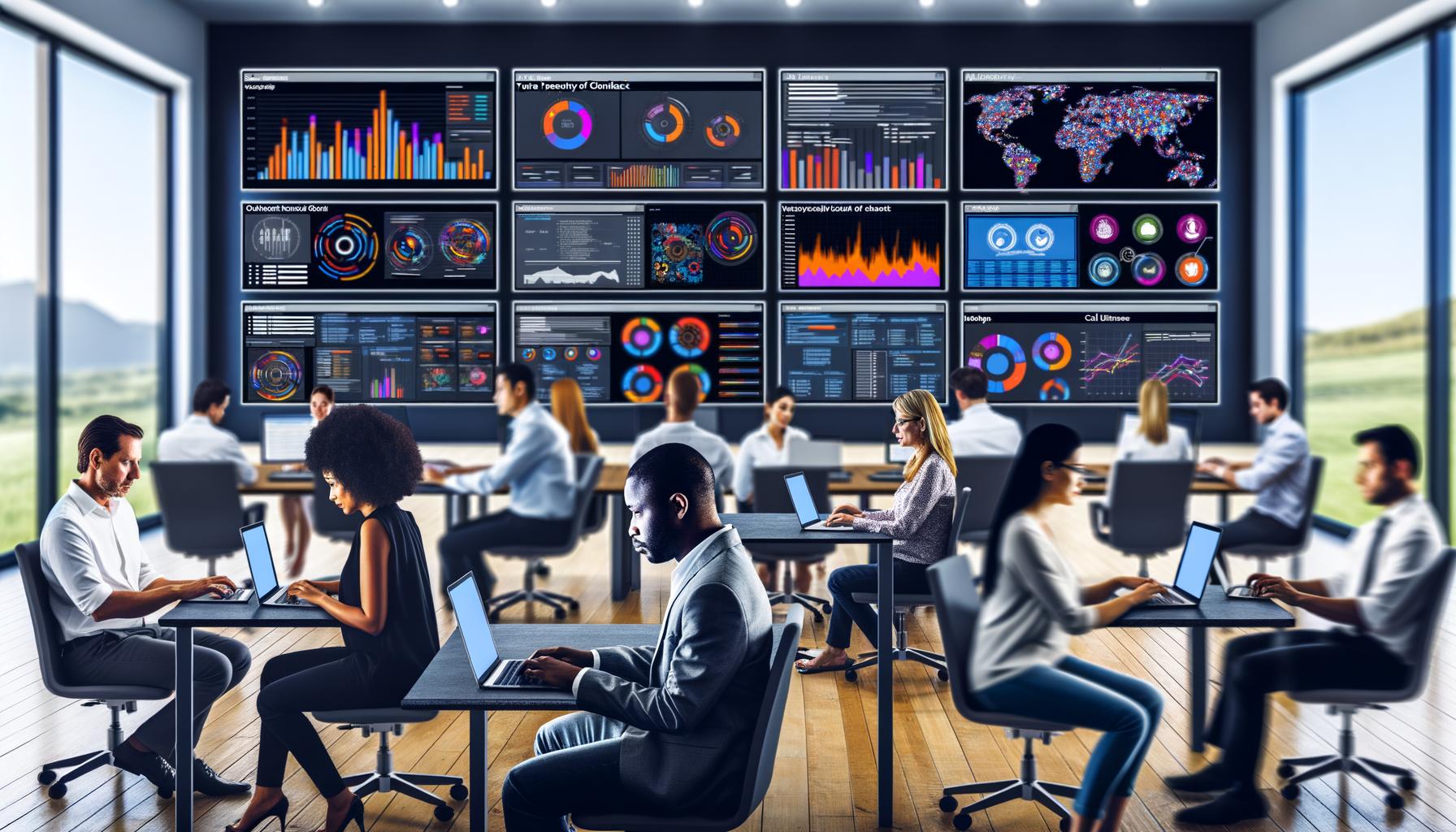 Digitales Büro mit mehreren Bildschirmen, die farbige Datenströme und Echtzeit-Marketinganalysen verschiedener Kanäle zeigen. Fachkräfte arbeiten fokussiert an Laptops in einem geschäftigen, modernen Umfeld.