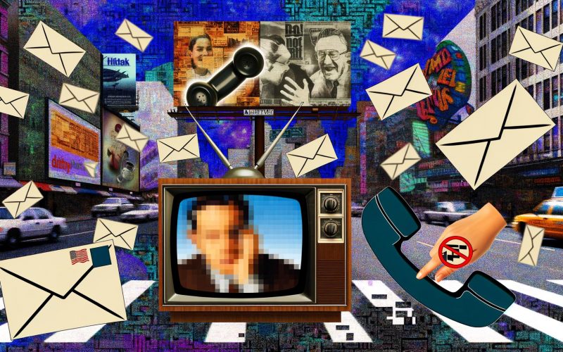 Collage mit Retro-TV, Billboard-Werbung, herumfliegenden Flyern, Telefon mit Störer-Aufkleber, blinkenden digitalen Bannern und genervter Person – Symbol für hartnäckiges Outbound-Marketing im Wandel der Zeit.