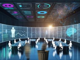 Marketing-Kontrollraum mit transparenten Displays, auf denen KI-generierte Datenströme, Diagramme und Rankings leuchten, daneben Fachleute bei der Analyse, im Hintergrund wird eine Excel-Tabelle entsorgt.